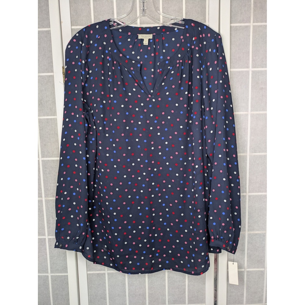 Talbots Womens Blouse Size X (12W) NWT Navy Polka Dot V-Neck Long Sleeve Holiday